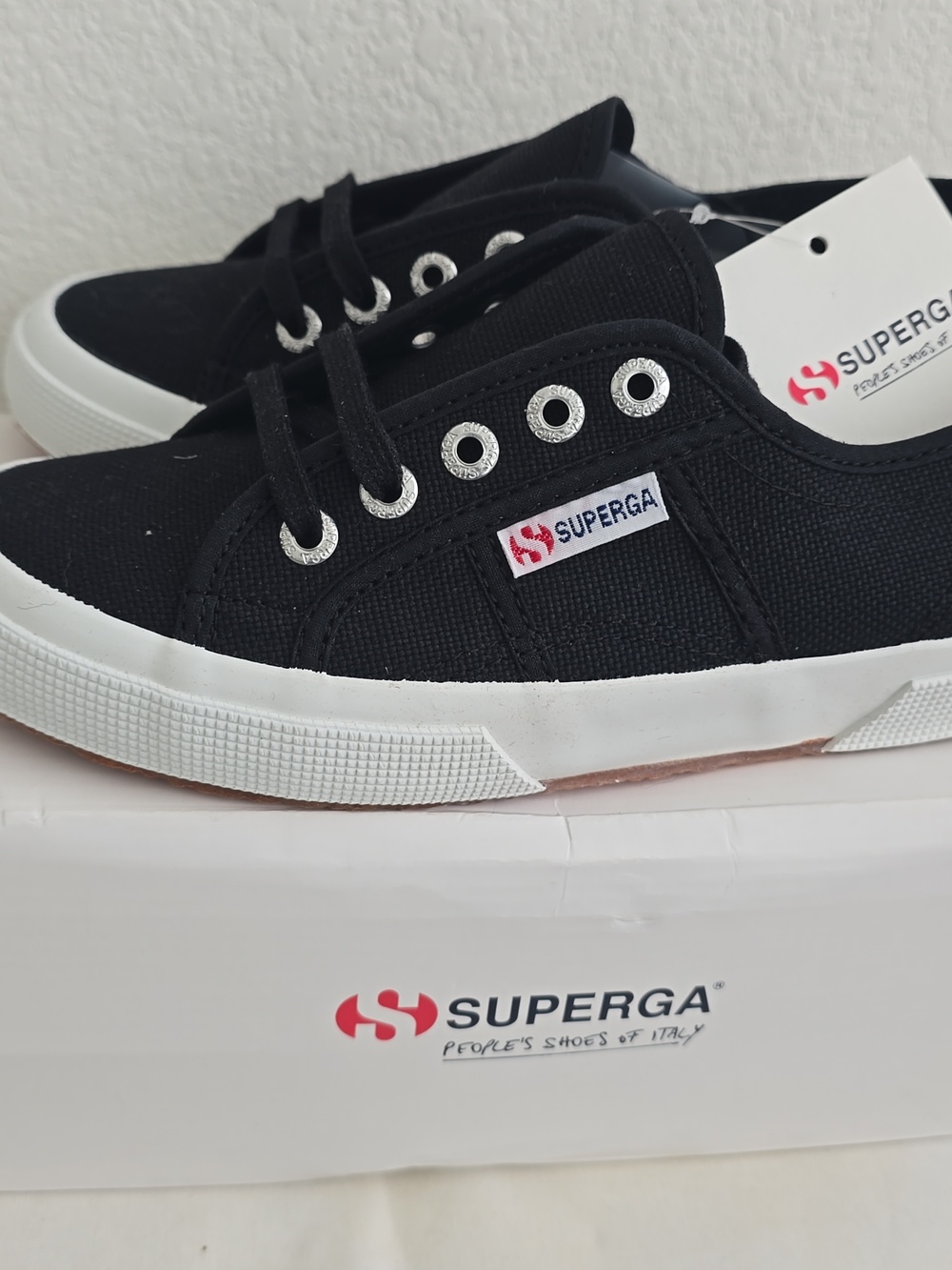 Superga Black Canvas Low-Top Sneakers with White Platform Sole